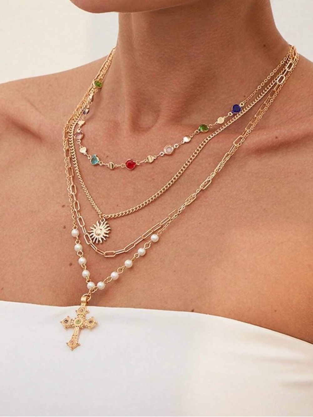 14K Gold Plated Cross Multi-Layer Gold Necklace with Colorful Gems